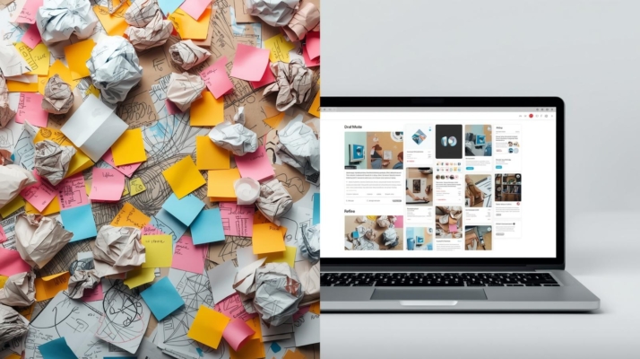 Two Overlapping Creative Scenes — One Messy (Sticky Notes, Sketches, Ideas Everywhere), One Clean (Edited Layout On Laptop Or Tablet)._Visually Symbolizes “Draft Mode” Vs. “Refine Mode.”_Mood_ Creative Duality — Pl